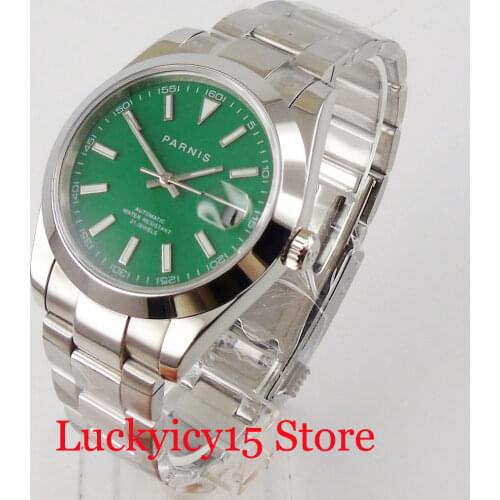PARNIS Luxury Green Steel Mechanical Men Watch Sapphire Glass 21 Jewels MIYOTA 8215 Polished Case Oyster Strap 5ATM Waterproof