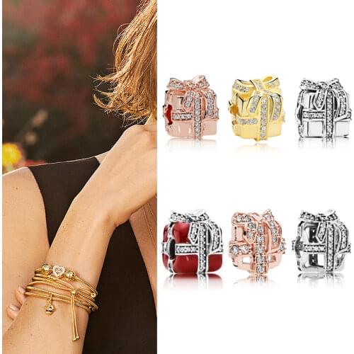 Original 925 Sterling Silver Bead Rose Gold Christmas Gift Box With Beads Fit Pandora Women Bracelet & Necklace Diy Jewelry