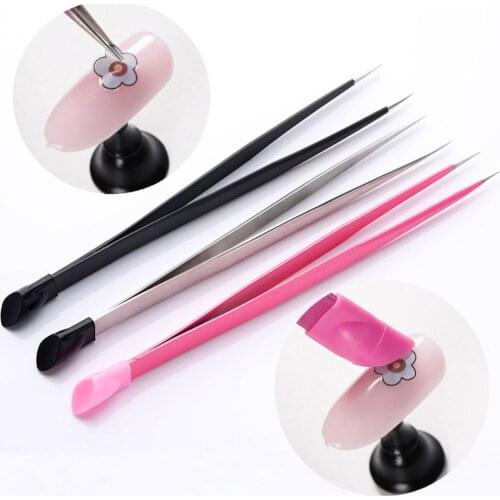 2 Heads Straight Nail Tweezers with Silicone Pressing Head for 3D Sticker Rhinestones Water Sticker Picker Metal Nails Tools