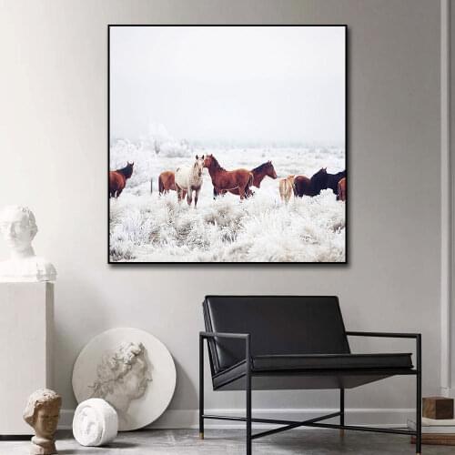 Running Horse Posters and Prints Animal Wall Art Canvas Painting Snow Landscape Pictures for Living Room Decoration Home Decor