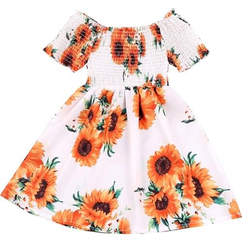 2-6Years Girl’s Casual Short Sleeve Dress Fashion Sunflower Boat Neck A-line Mid-length Dress