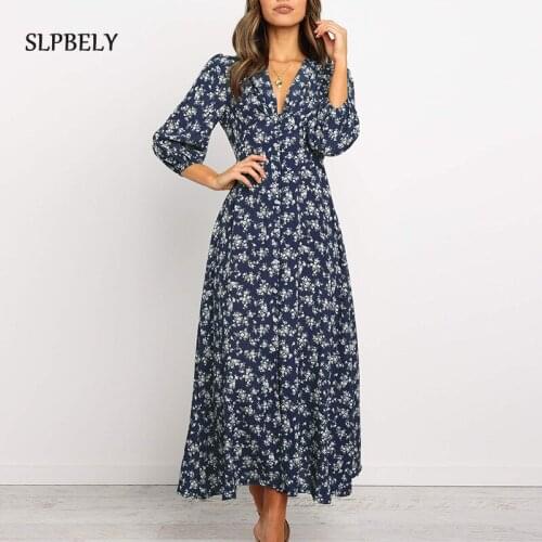 SLPBELY Women Long Dresses Summer 2021 Sexy V Neck Floral Print Boho Half Sleeved Beach Dress Party Dress Sundress Maxi Dress