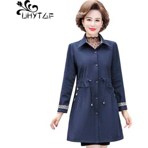 UHYTGF 5XL Plus Size Windbreaker Outerwear Women Elegant Mother Casual Spring Autumn Trench Coat Solid Wild Thin Overcoat 1315