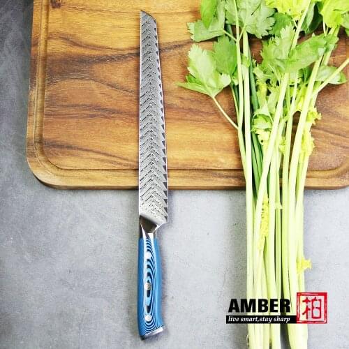 Amber 10.5'' Sashimi Knife with 73 Layers Damascus Steel Sushi Knife Environment Pakka Bella Wood Handle Japanese Salmon Knife