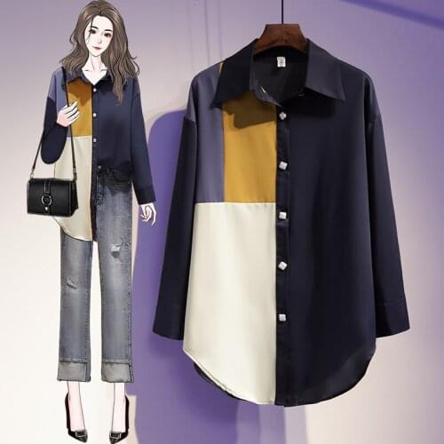 Plaid Stitch Long Sleeved Plus Size Korean Autumn Elegant Fashion Blouses And Tops WomenS Oversize Shirt Clothing 2021 Female