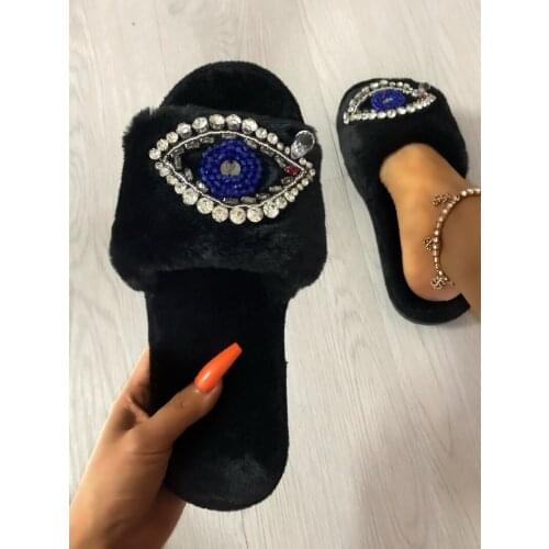 High Quality Women Shoes Cotton Slippers Women Imitation Fur Velvet Slippers Teardrop Eyes Ethnic Beaded Diamond Wool Slides