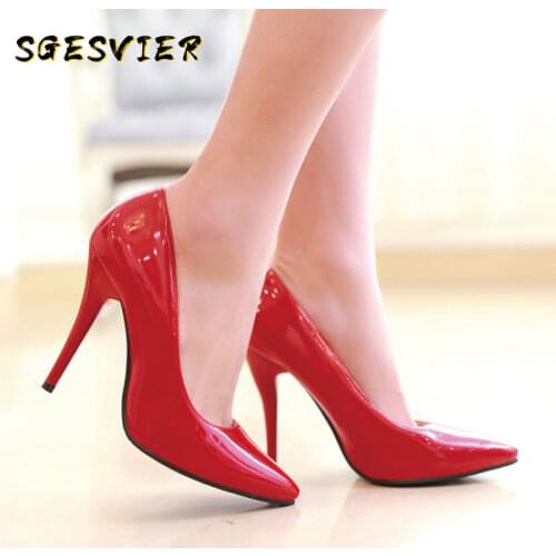 SGESVIER patent PU leather woman thin high heels colorful yellow green stiletto office lady pumps women shoes big size 46