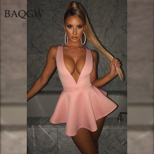 Women Pink Fake Pleated Skirt Playsuit Sexy Halter Deep V Neck Backless Bodysuit Zipper Bodycon Black Rompers Party Clubwear