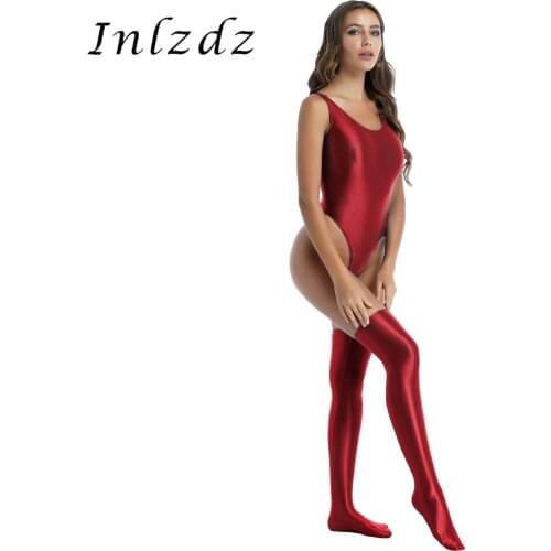 Womens Lingerie Bodysuit with Stocking Round Neck Sleeveless Glossy Stretchy High Cut Swimsuit Stage Show Clubwear Costume