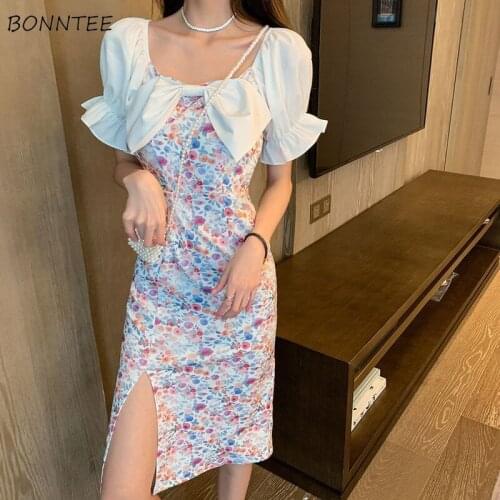 Dress Women Slim Bow Elegant Side-slit Design Summer Sexy Sweet Holiday Ladies Leisure Korean Style Retro Hot Sale Chic Ins New