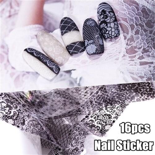 16Pcs/Set Lace Transfer Foil Black White Nail Stickers Hollow Flower Sliders Transparent Decals Wraps Nail Art Decoration Set