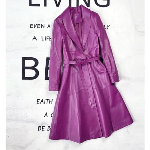 2021 New Arrival Women Fashion Long Genuine Leather Long Coat