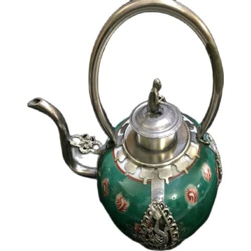 Antique white copper Miao silver ceramic teapot and wine pot furniture ornaments