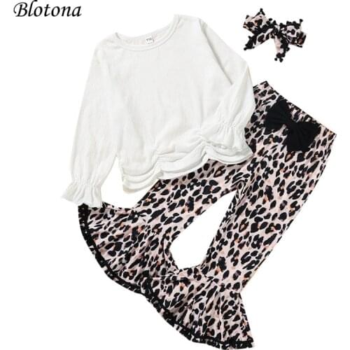 Blotona Girls Clothes Set, Solid Color Long Sleeve O-neck Pleated Tops+Leopard Print Flared Trousers+Headband 3Pcs Outfits 2-7Y