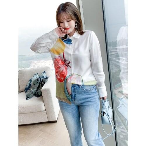 High quality One side contrast Print Blouse with lapel 2021 summer new pattern