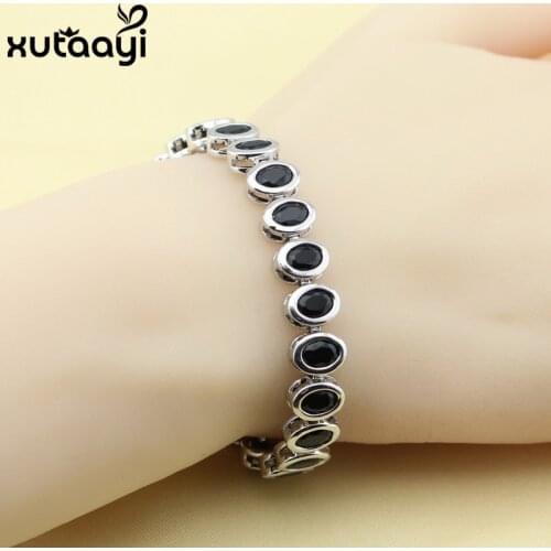 Fashion Jewelry Black Cubic Zirconia Sterling Silver Overlay Bracelet For Women Adjustable Link Chain Bracelet Length 18+2cm