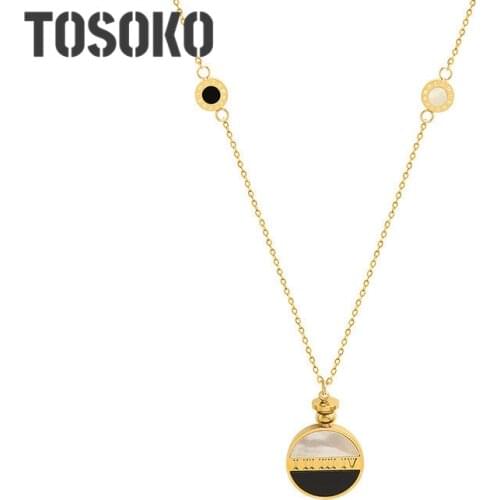 TOSOKO Stainless Steel Jewelry Black And White Shell Roman Numeral Disc Pendant Necklace Womens Fashion Long Sweater Chain M037