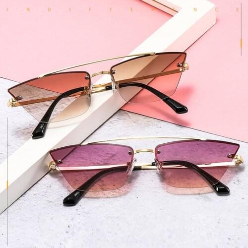 Luxury Brand Small Cat Eye Sunglasses Women 2021 Purple Shades For Women 90s Vintage Rimless Square Sunglasses Men Unisex UV400
