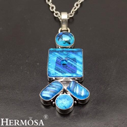 Hermosa Natural Antique Blue Dichroic Glass Necklace Pendant Jewelry Accessories 3 INCH NY925