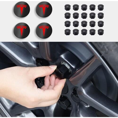 Oceqnus 25 PCS Wheel Center Hub Caps for Tesla Model 3/S/X With 4 Center Cap Set & 20 Wheel Lug Nut Cover Kit Tesla Decorations