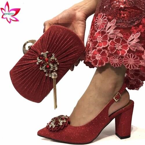 2020 Decorated With Rhinestone Shoes And Bag Set African Design Matching Shoes And Bag Set Super High Heel Sandals in Red
