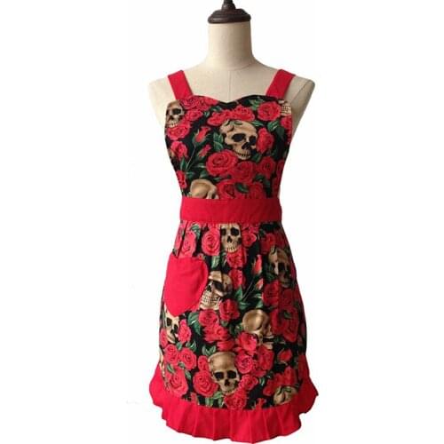 Skull Red Rose Retro Kitchen Apron Woman Cotton Apron Avental de Cozinha Divertido Tablier Cuisine Pinafore Apron Vintage