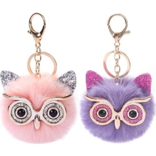 Cute Gold Sequins Big Eyes Owl Hair Ball Pendant Key Chain Furball Fluffy Plush Ladies Bag Keychain owl fuzzy toy