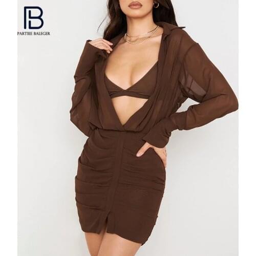 PB Trendy Brown Draped Mini Dress Sexy Deep V Neck Camisole Design Long Sleeves Celebrity Party Club Free Shipping