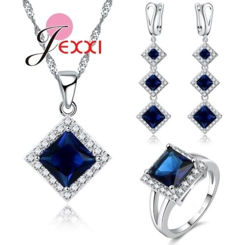 Pretty Crystal Jewelry Set 925 Sterling Silver Pendant Necklace Earrings Ring Sets for Women/Girl Christmas Gifts