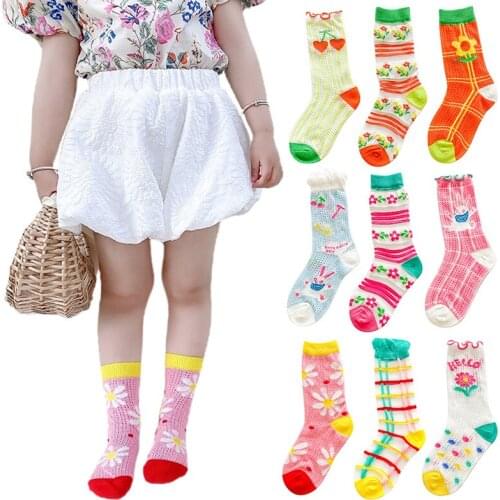 Summer New Baby Girls Stripe Sports Socks Ultrathin Fashion Ins Illustration Wind Card Silk Socks Cotton Breathable Girl Socks