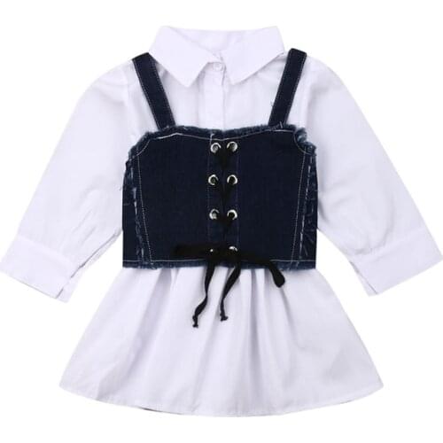 Newborn Baby Girls Kids Long Sleeve White Shirt Dress+Denim Strap Top Sunsuit Clothes 2PCS Set 1-6Y