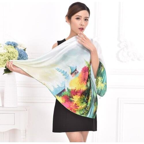 Pure Silk Scarf Fashion Countryside Large Square Scarves 90*90cm Mulberry silk Oil Painting Scarf Shawl Ladies Light Blue Scarf