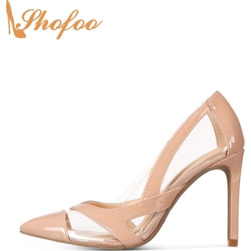 Nude Patent Patchwork Stiletto High Heels Women Pumps Pointed Toe Slip On Large Size 14 15 Ladies Summer Fashion Shoes Shofoo