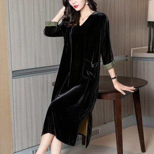 Velvet Dress For Women S-XXL 2021 Spring New V-Neck Three Quarter Sleeves Solid Colour Loose Slit A-Line Pocket Black Dress Midi