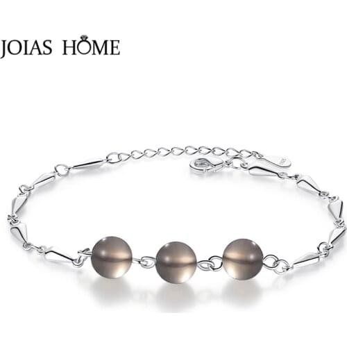 JoiasHome Silver 925 Jewelry Round Gemstones Bracelet for Women Grey Agate Delicate Simple style Temperament Accessory Party