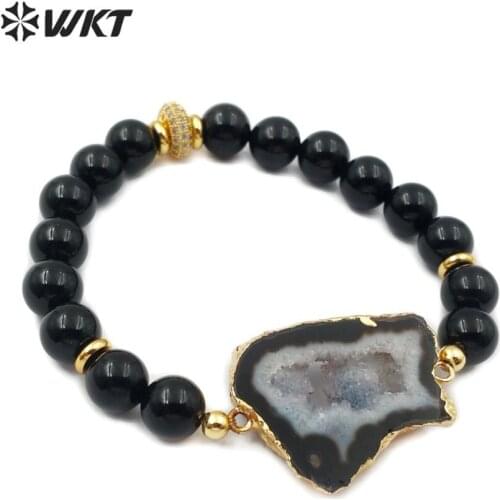 WT-B492 WKT Natural Druzy Geode Stone ＆Pearl Gold Electroplated Bracelet Women Fashion Charm Bracelet Jewelry