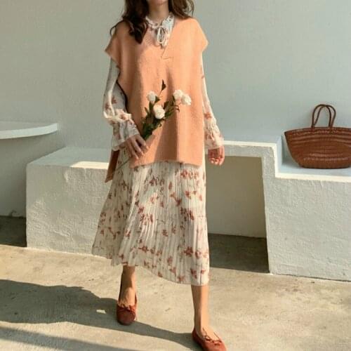 Women Autumn Chiffon Floral Long Pleated Dress Ladies Long Sleeve Elastic Waist Dresses Ruffle Elegant Bow Tie Collar