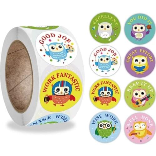 500Pcs/Roll Cartoon Animal Owl School Teacher Motivate Students Reward Stickers C90B