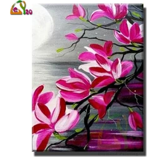 Diy Diamond Embroidery Flower Diamond Painting Full Square Round Drill Home Decoration Moon,Moonlight,Pink Orchid,Landscape