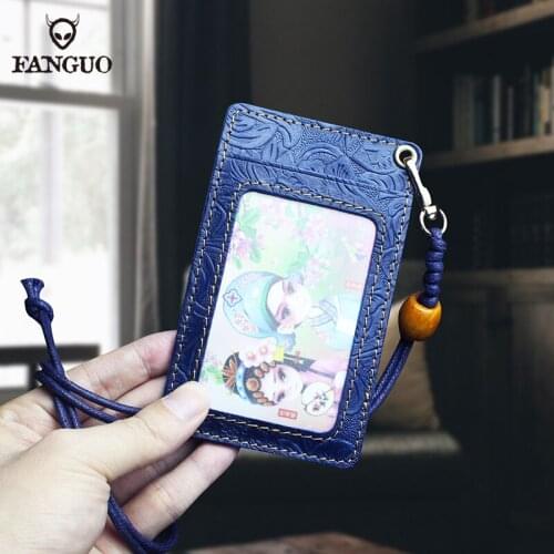 Genuine Leather Badge Holder Bag Lanyard Identity Card Student Cards Handmade Case Cover Bus Card With Neck Strap