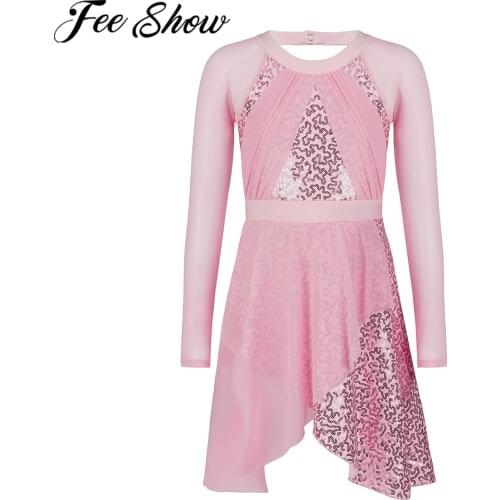 Kids Teen Girls Shiny Sequins Ballet Dance Leotard Dress Long Sleeve Irregular Cut Tulle Dress Ice Skating Figure Skating Dress