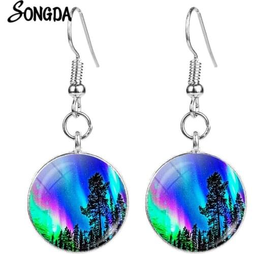 Green Northern Lights Long Earrings Charm Aurora Borealis Print Beautiful Sky Glass Fish Hook Earrings Woman Jewelry 2021 Gifts