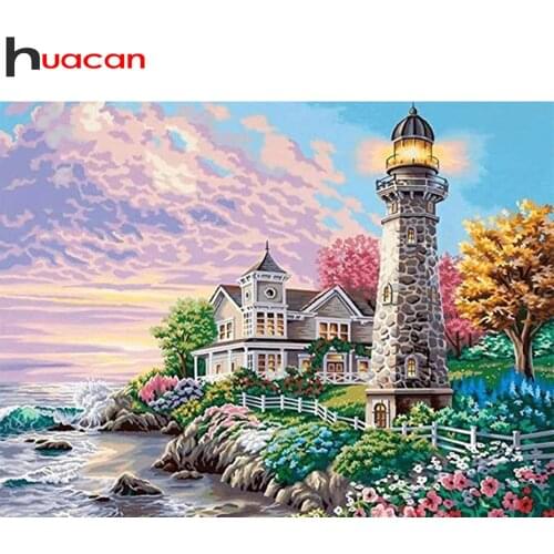 Huacan Diy Diamond Painting Embroidery Lighthouse Diamond Art Mosaic Seaside House Scenery Wall Stickers