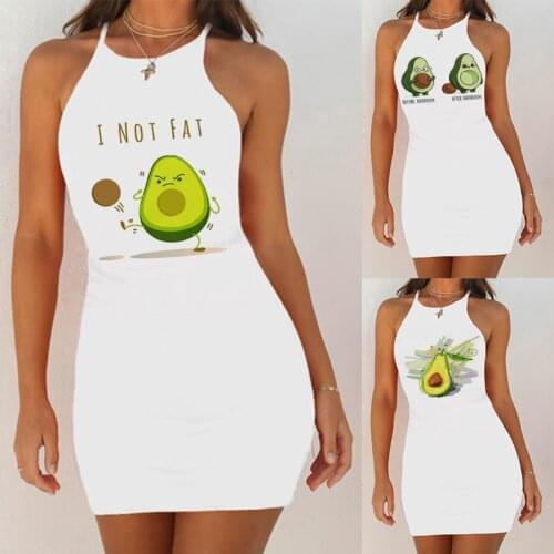 Kawaii Avocado Print Summer Sexy Clothes Women Dresses Backless Nightclub Dress Bodycon Evening Party Low Neck White Vestidos