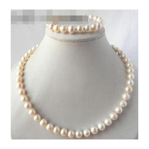 18'' 9-10MM White Round Freshwater Pearl Necklace Bracelet Set