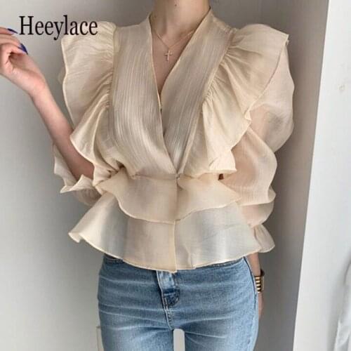Korean Vintage style Women clothes V-neck Elegant Chiffon blouse shirt Solid color Ruffles Korean Lady Tops drop shipping
