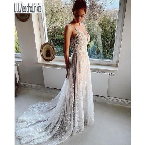 Ivory Lace Tulle V-Neck Spaghetti Straps A-Line Wedding Dresses Chapel Train Floor-Length Sleeveless Bridal Gowns Custom Made