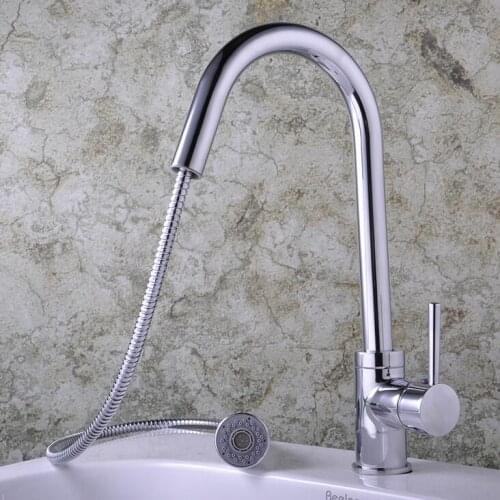 Brass stretched dish basin faucet chrome, Rotated kitchen sink basin faucet pull down, Kitchen faucet mixer tap hot and cold