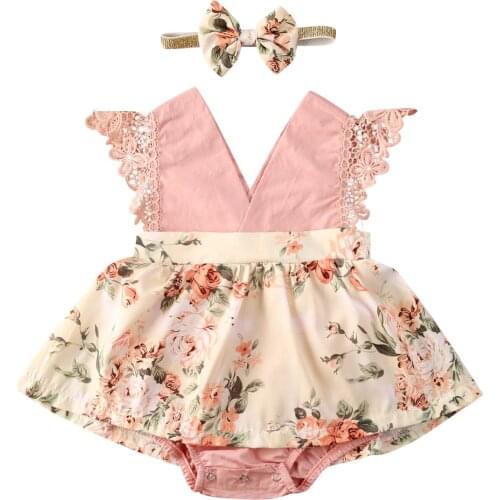 0-24M Sweet Baby Girls Romper Dress Floral Print Sleeveless Lace Pink V Neck Princess Jumpsuits