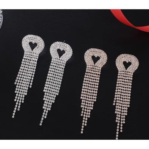 Fashion Bling Long Tassel Heart Crystal Drop Earrings for Women Rhinestone Dangle Earring Party Statement Wedding Jewelry E680